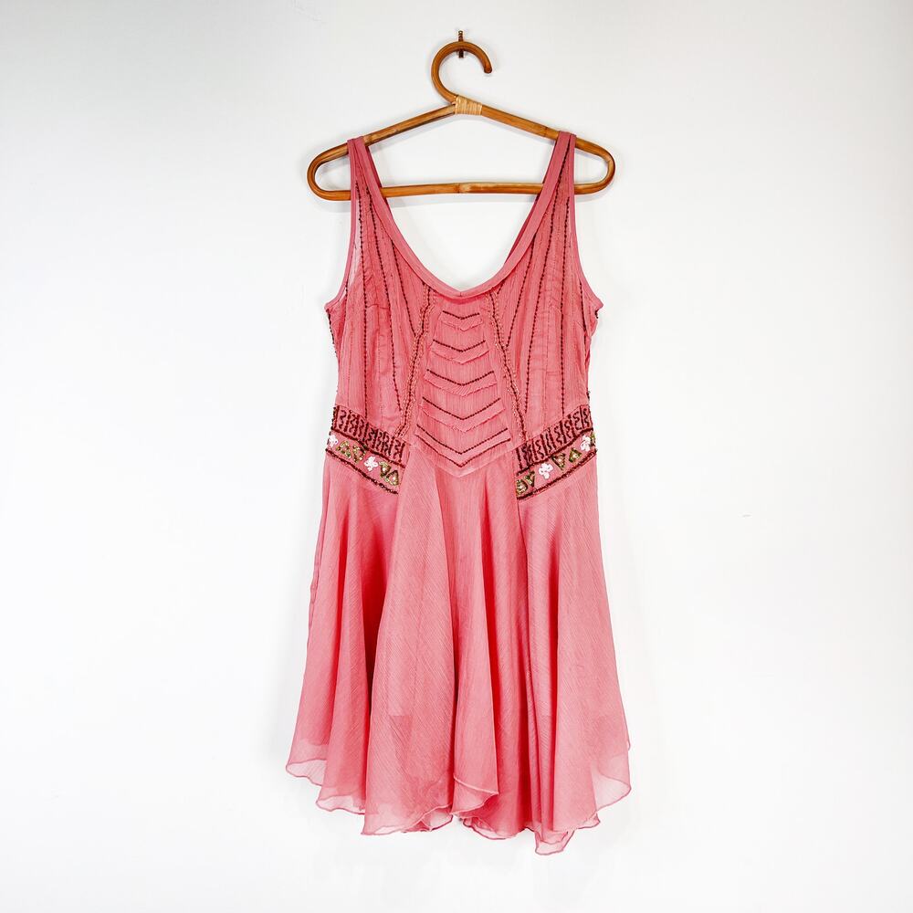 Free People Pink sequin beaded chiffon dress drop waist dress Size Small